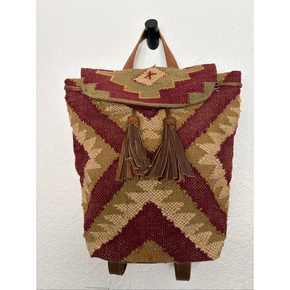 Lovestitch Wine Carpet Backpack Ikat Jute Leather Tassel Boho Festival Bag - Picture 4 of 12